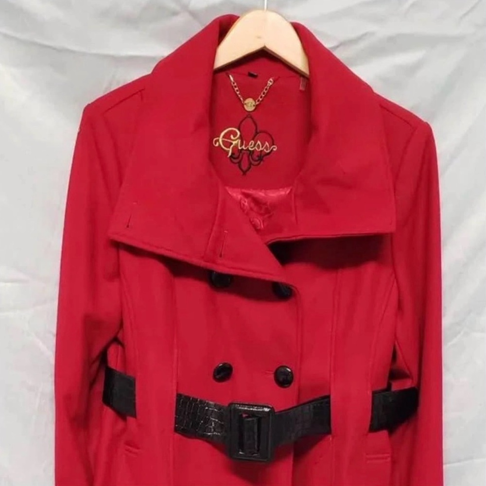 Guess Women's Vibrant Red Trench Coat with Black Accents